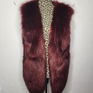 Women's Faux Fur Vest in Deep Burgundy/ Red Satin
